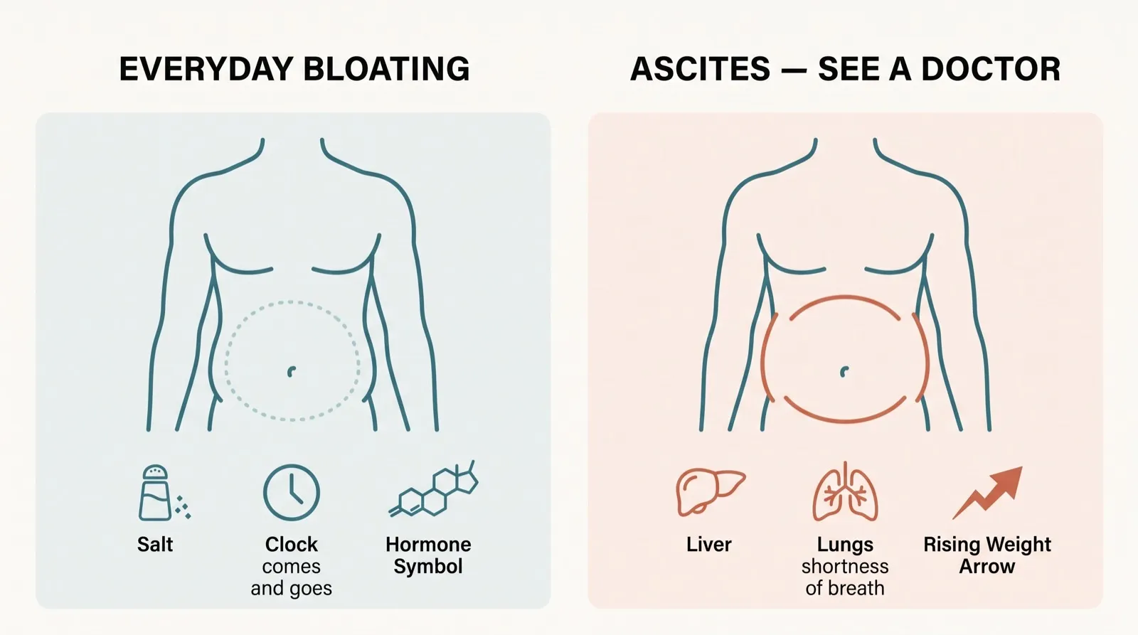 Diagram comparing everyday belly bloating, which comes and goes with salt and hormones, against ascites, a fluid buildup that keeps growing and needs a doctor