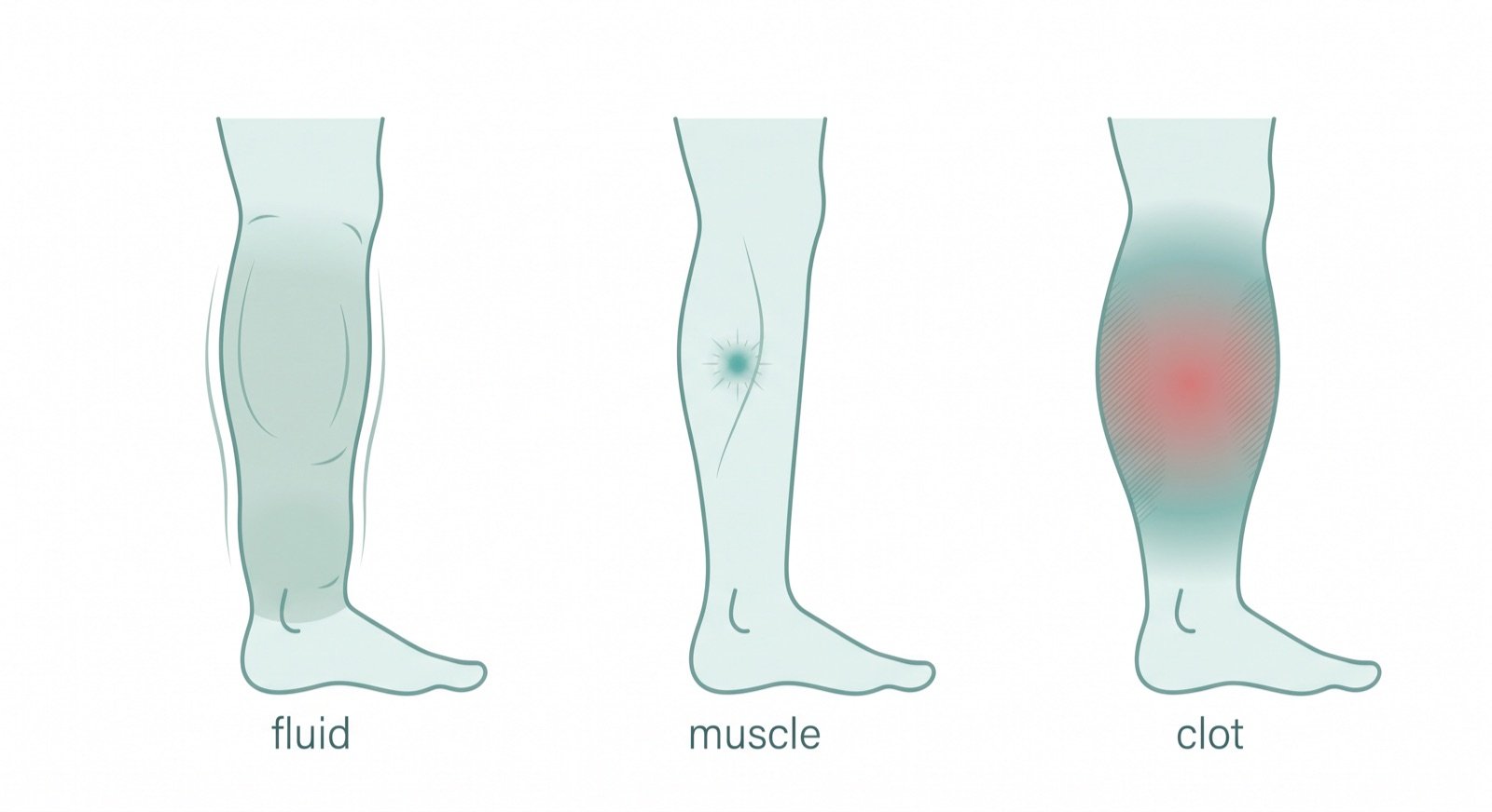 Illustration of three lower legs side by side: even swelling in both calves from fluid, a localized sore spot from a muscle strain, and one red, swollen calf from a blood clot