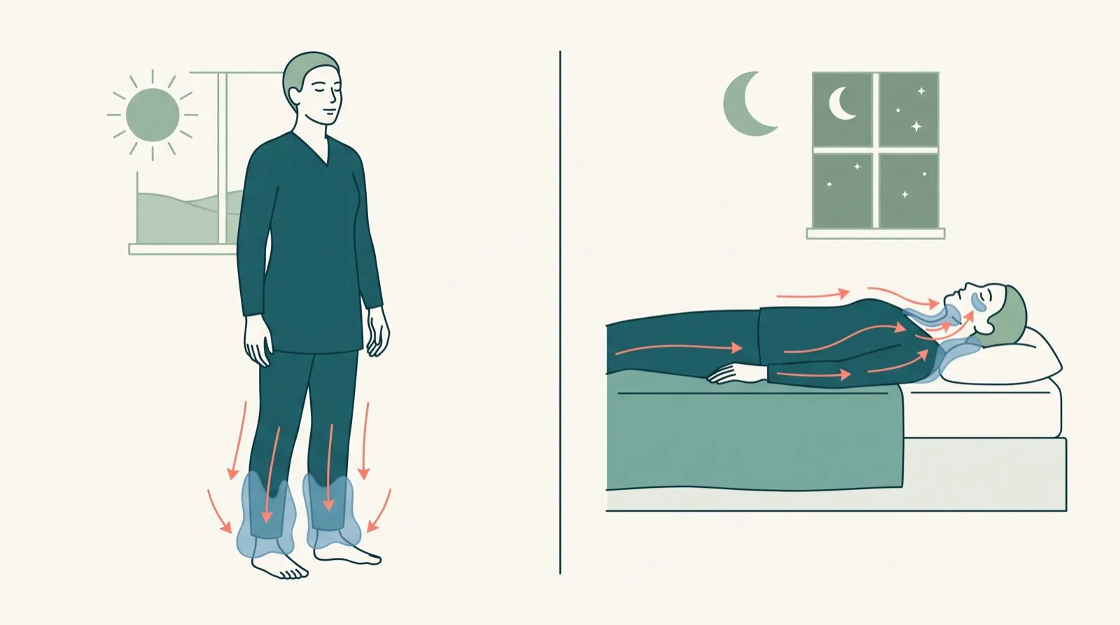 Diagram showing fluid pooling in the legs while standing during the day and shifting upward toward the head while lying down at night