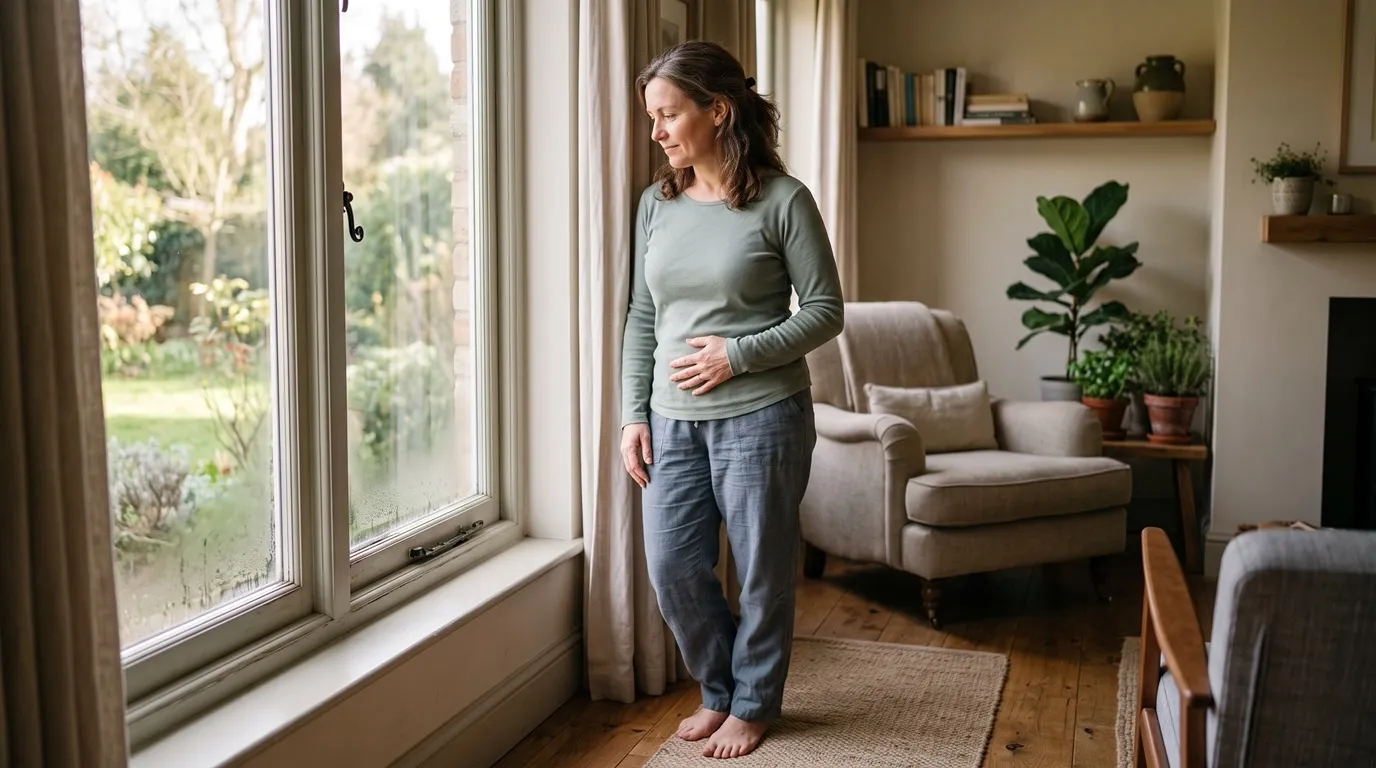 A woman in her forties at home resting a hand gently on her lower belly, noticing mild puffiness