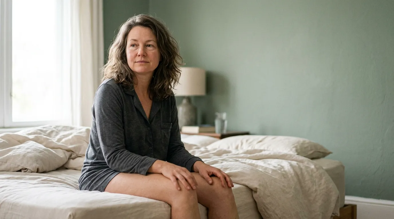A woman in her forties waking up in bed with a slightly swollen, puffy face and eyelids