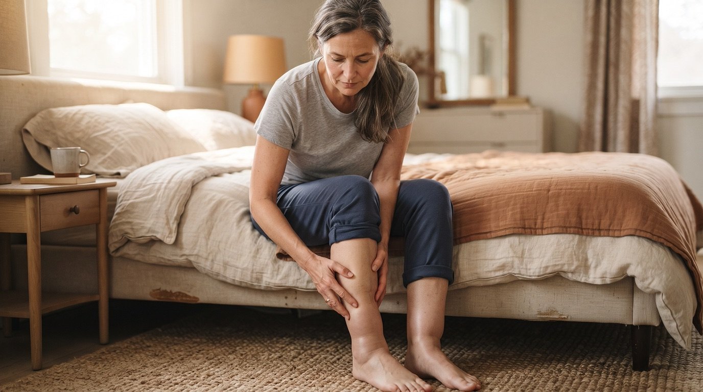 A woman in her late 40s sitting on the edge of a bed, gently pressing her fingers into her lower leg to check her calf for swelling
