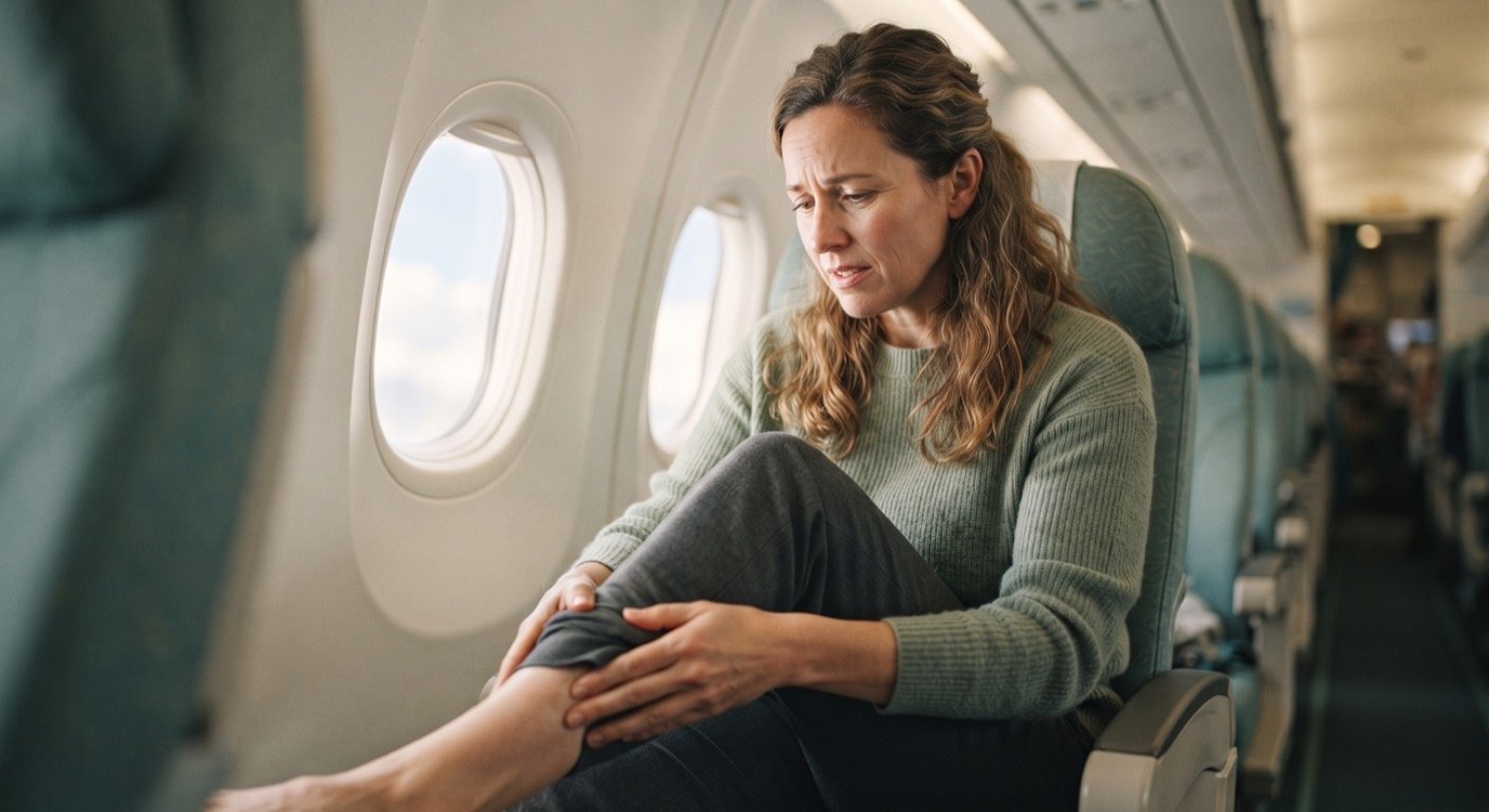 A woman in her 40s in an airplane window seat, pressing her fingers gently into her lower calf