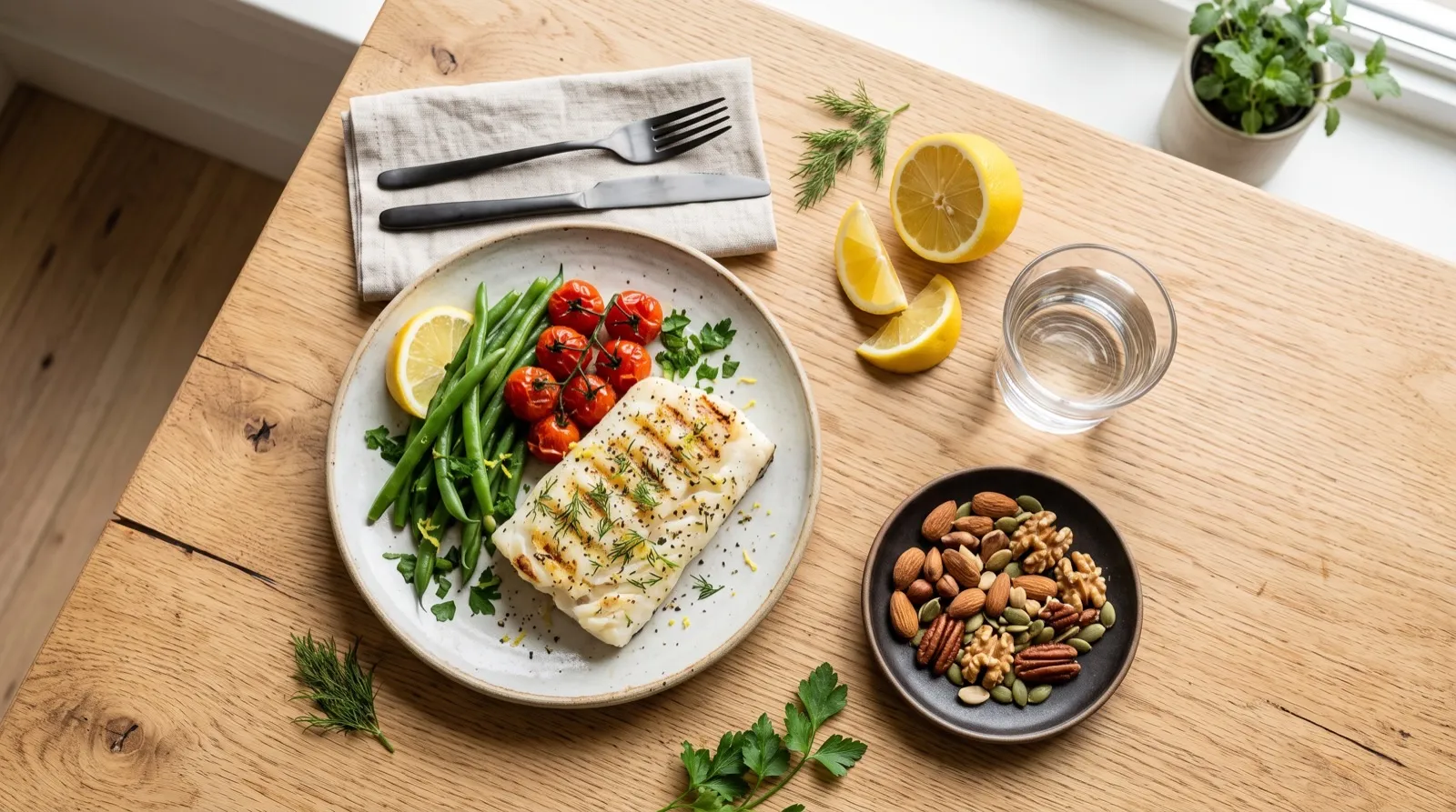 A simple low-sodium meal laid out: fresh vegetables, grilled fish, lemon, water and unsalted nuts