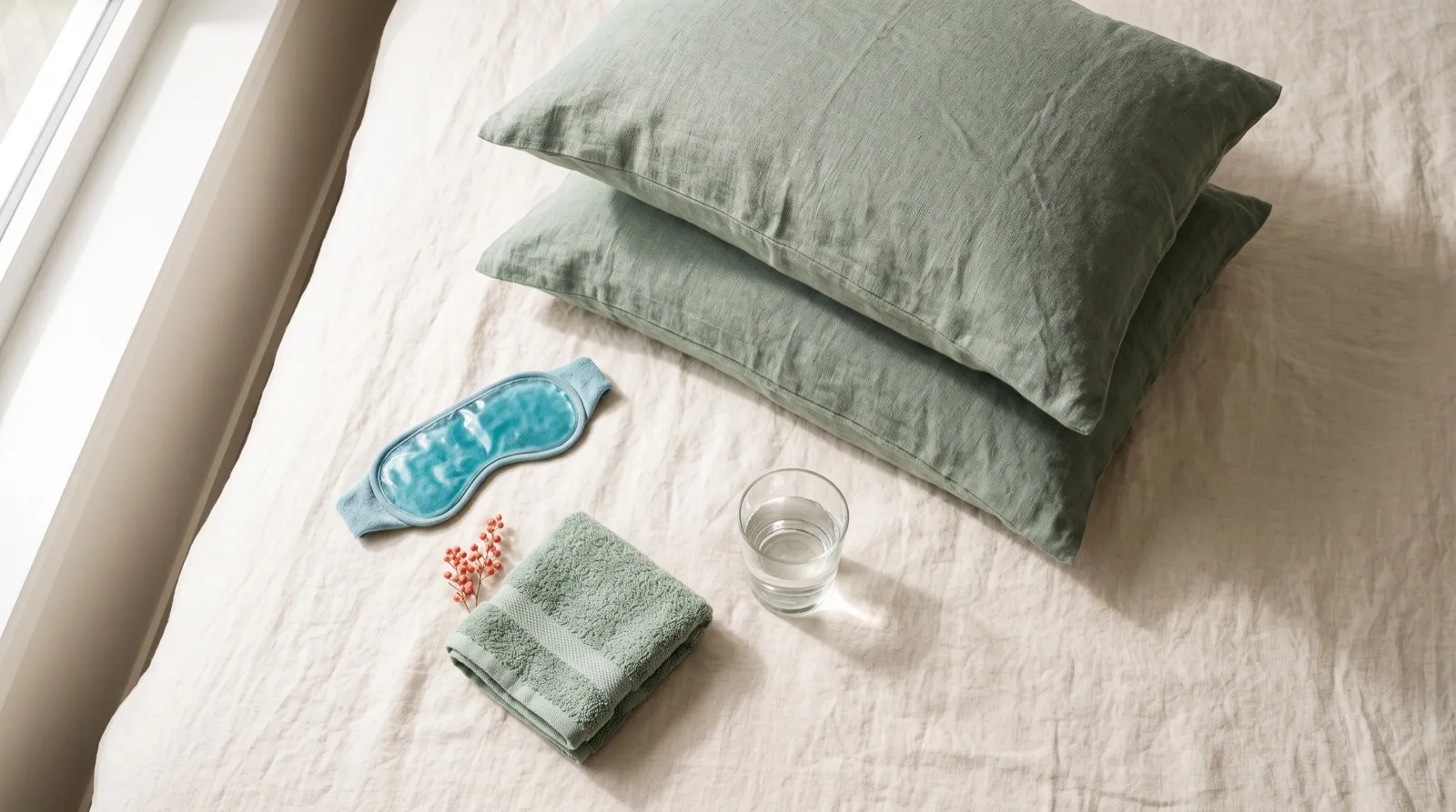 Flat lay of a cold compress, a glass of water, a folded towel and two pillows arranged for a morning routine to reduce facial swelling