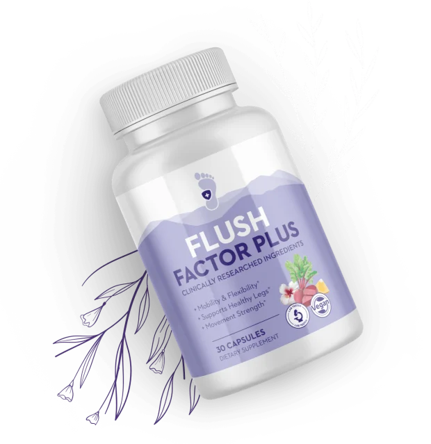Flush Factor Plus supplement bottle, 30 vegan capsules, front label showing the pineapple, beet and hibiscus formula