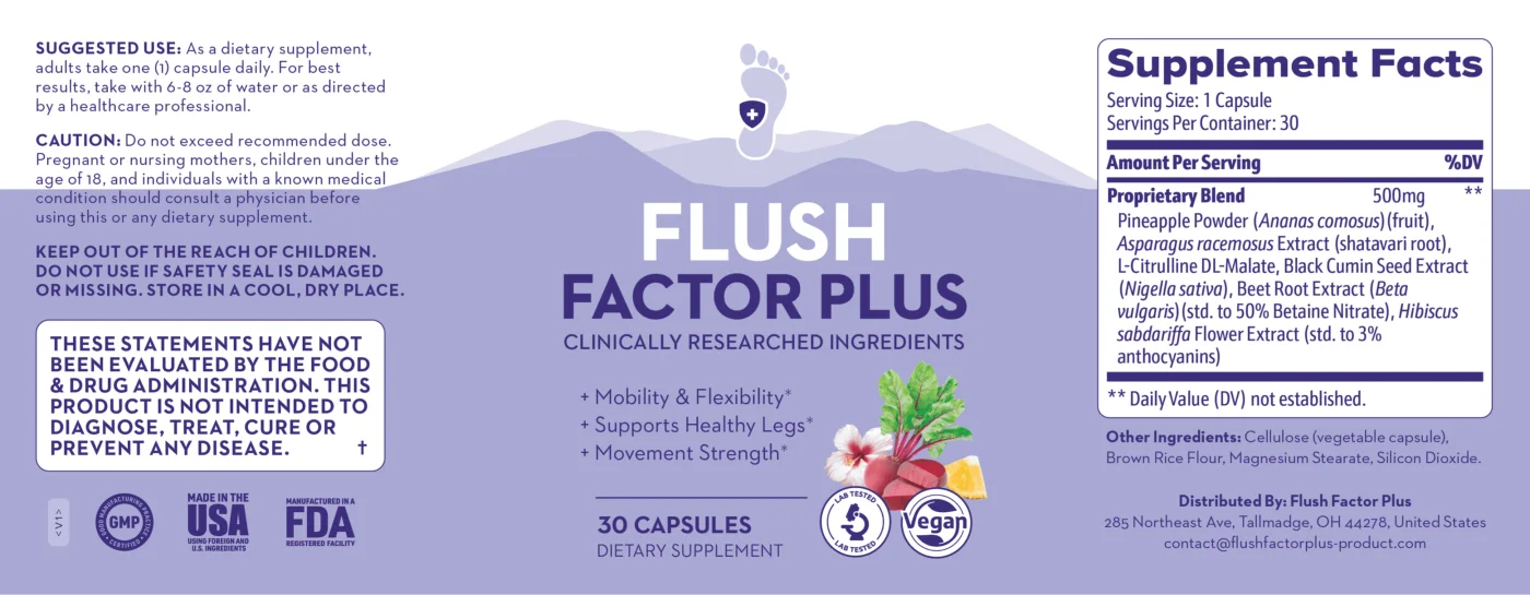Flush Factor Plus supplement facts panel showing the 500 mg proprietary blend, suggested use, cautions and GMP, Made in USA and FDA-registered facility marks